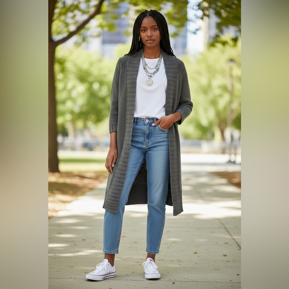 Anthropologie ‘Tabitha’ Charcoal Gray Ribbed Open-Front Long Cardigan Euc!